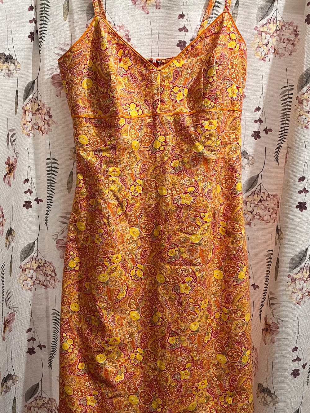 Shoshanna Yellow and Orange Paisley Slip Midi Dress